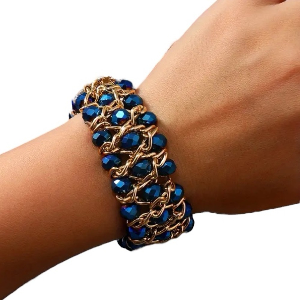 Iridescent Blue Beaded Three Layer Bracelet - Picture 2 of 2